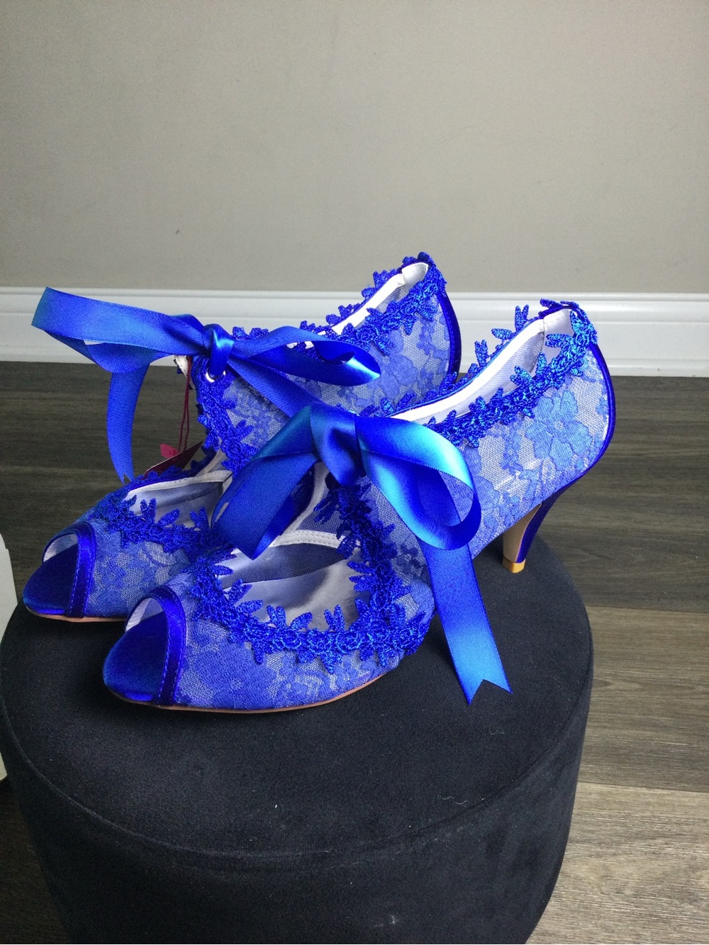 Royal Blue Lace Peep-Toe Heels with Satin Ribbon Accent